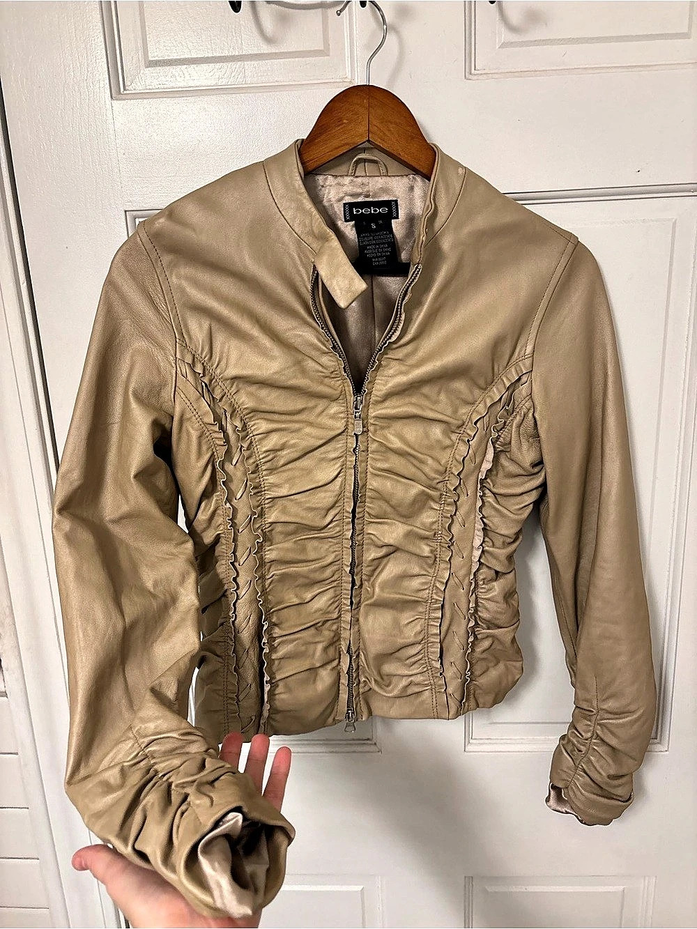 Vintage Y2K Bebe tan leather jacket with touching and stitching size small